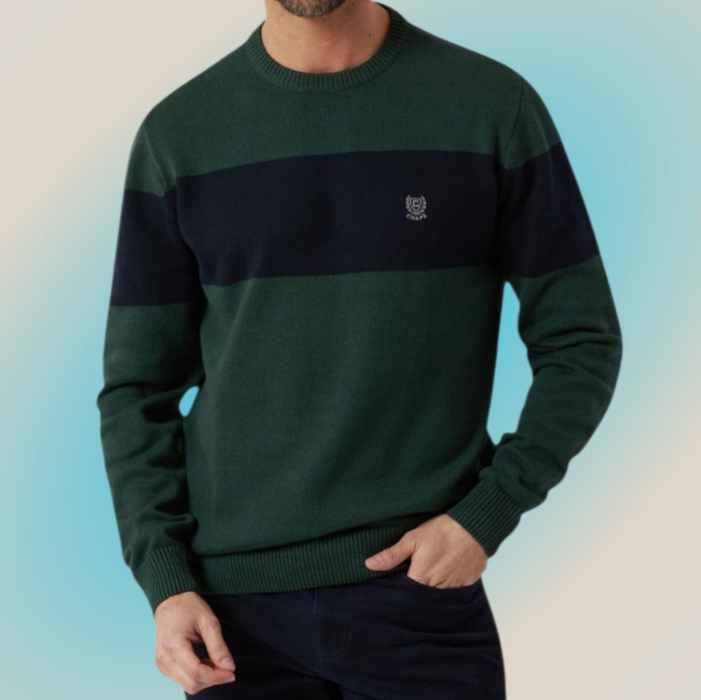 Chaps Men's Blue and Green Crewneck Sweater